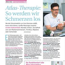 Atlasprofilax Deutschland - Artikel zu Atlastherapie "So werden wir Schmerzen los" - Atlasprof Atlasprof Gernot Flick aus Hamburg berichtet in der Zeitschrift "Meins"